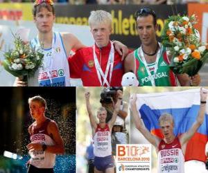 yapboz Stanislav Emelyanov 20 km yürüyerek şampiyon Alex Schwazer ve Joao Vieira (2 ve 3) Avrupa Atletizm Şampiyonası&#039;nda Barcelona 2010
